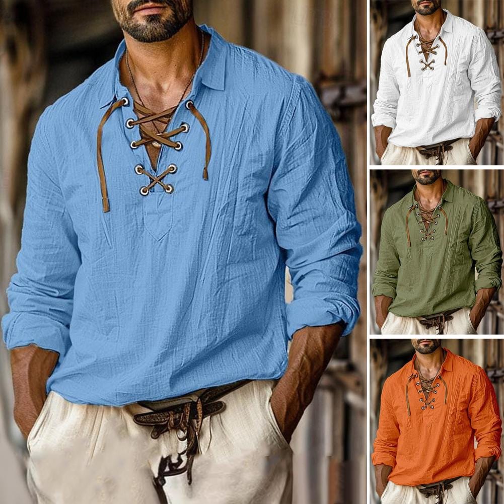 Men's Solid Color Casual Long Sleeve Shirt Drawstring Cotton Linen Versatile Loose Beach T-shirt For Street Wear Fashion Shirt