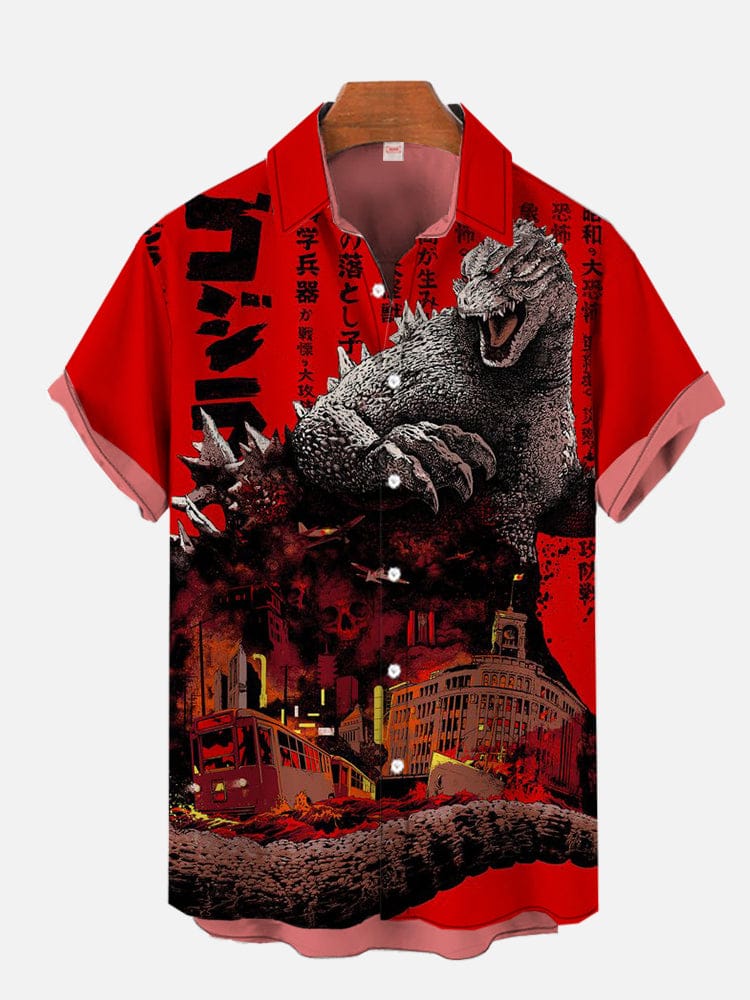 Ancient ink ukiyo-e monster personalized printing short sleeved shirt for men's summer new lapel shirt street hip-hop shirt