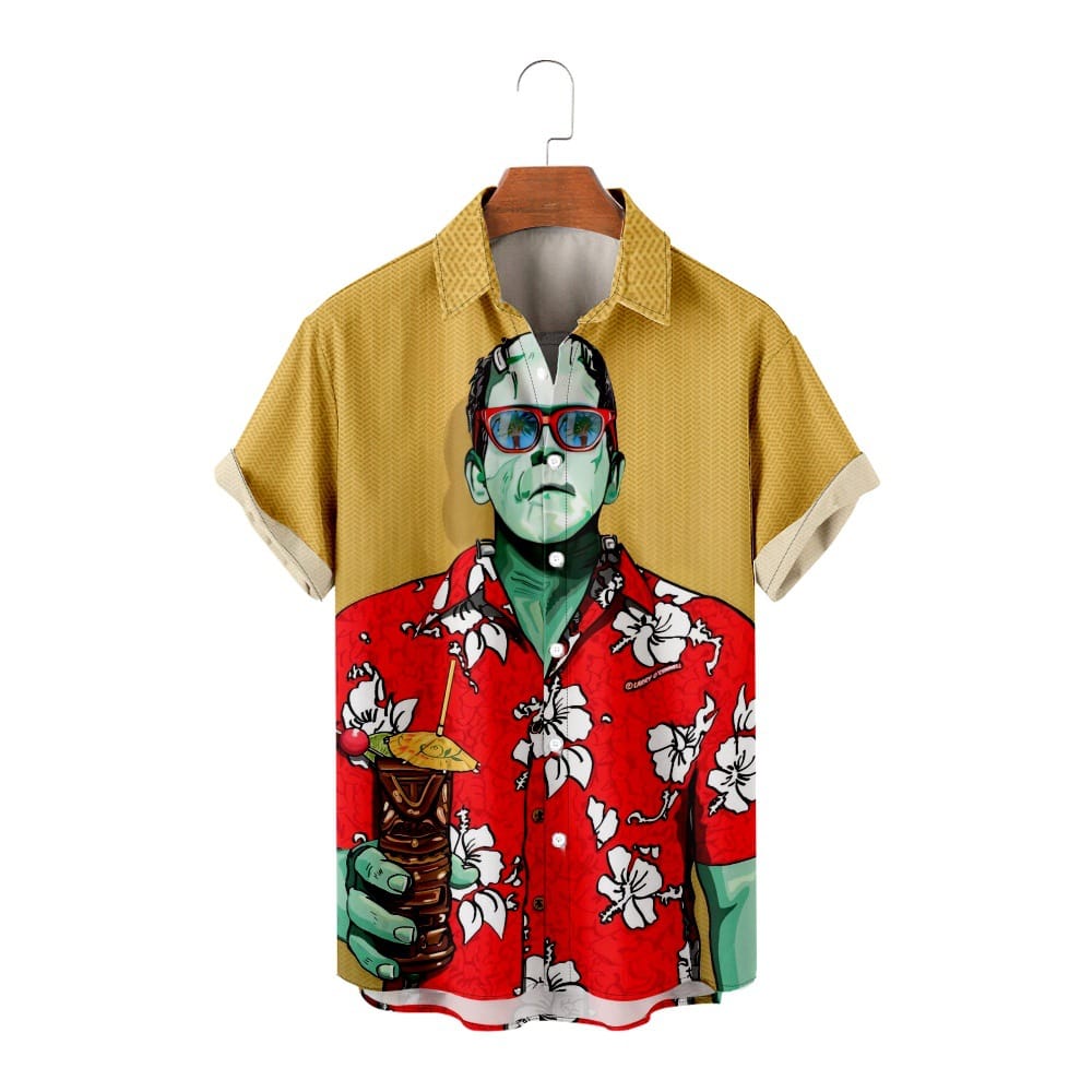 Casual Beach Shirt Hawaii Vacation Beach Men's 3D Printing Short Sleeve Loose Breathable Top Polo Neck Shirt