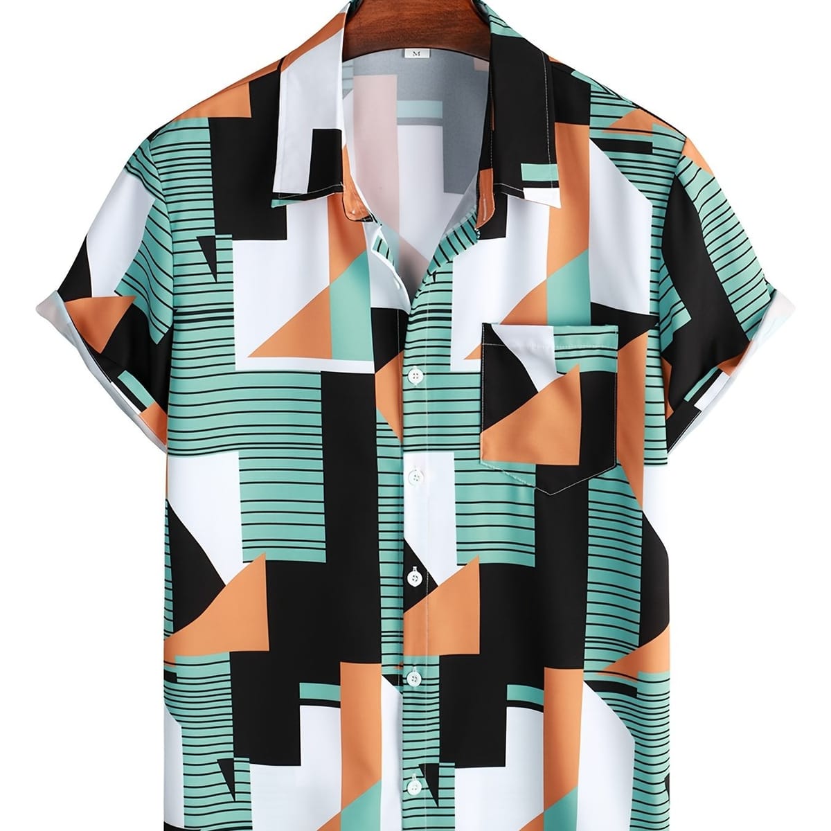 Men's Casual Square Pattern Non-Stretch Lapel Short Sleeve T-Shirt with Button, Summer Men's Clothing