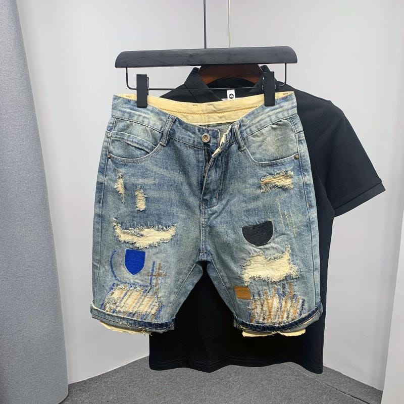 New Kpop Embroidery Distressed Streetwear Korean Cowboy Short Pants 2024 Summer Fashion Casual Men's Knee Length Denim Shorts