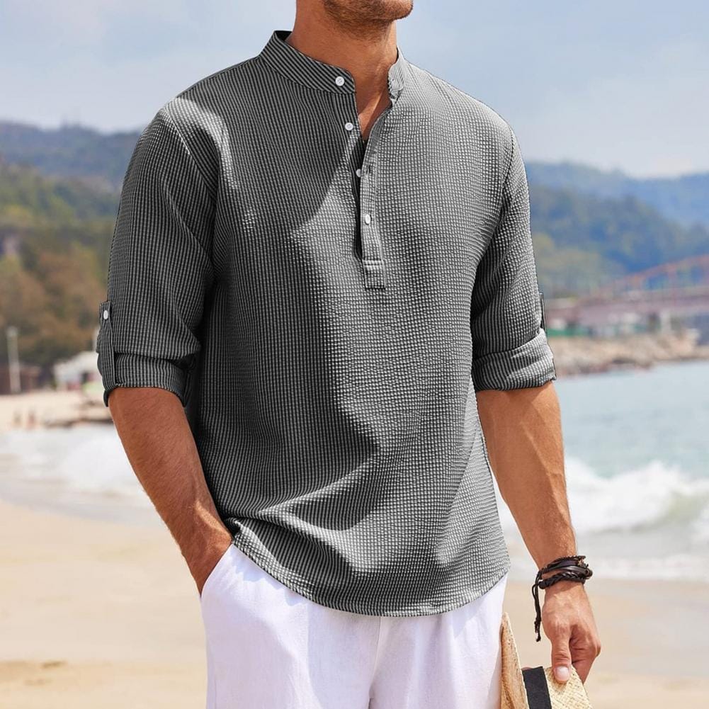Men Long Sleeve Shirt Plaid Print Men's Stand Collar Pullover Beach Style Shirt with Buttons Half Placket Streetwear for Long