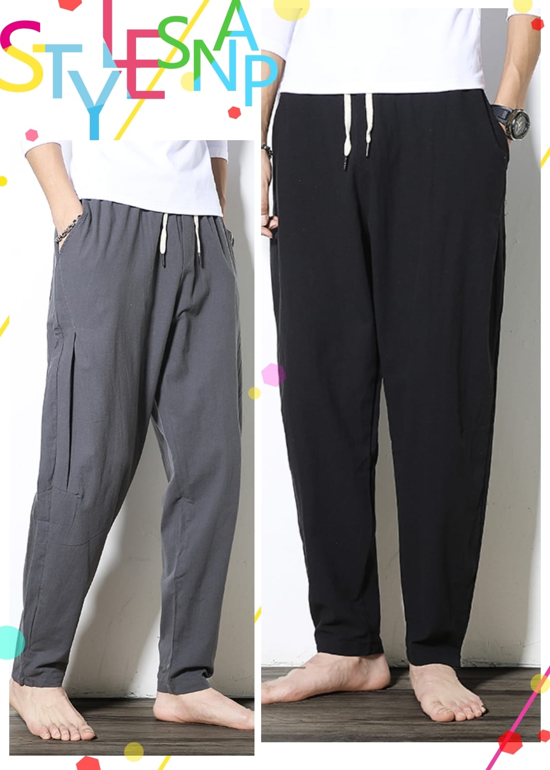 Spring and Summer New Men's Casual Loose Solid Color Cotton and Hemp Wide Legged Harlen Pants Tie Feet Pants Straight Leg Pants
