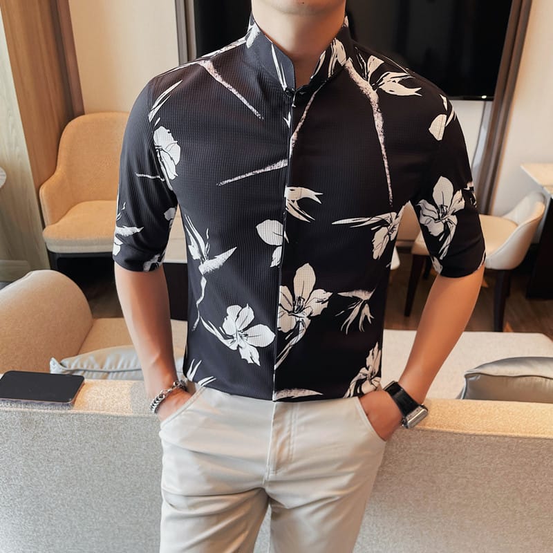 Summer Men's Social Shirts Fashion Stand Collar Elegant Half Sleeve Floral Shirt For Men Clothing 2024 All Match Slim Fit Tuxedo