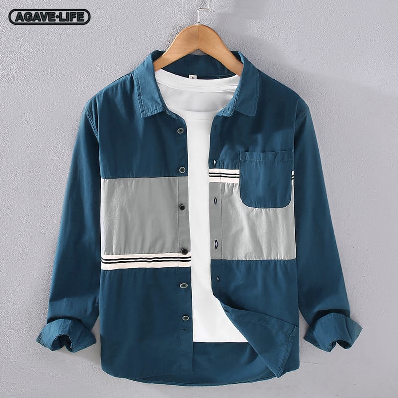 Cotton Shirts Men's Long Sleeve Spring Autumn Casual Fashion Splicing Thin Long Sleeve Shirt Comfortable Street Lapel Shirt Coat