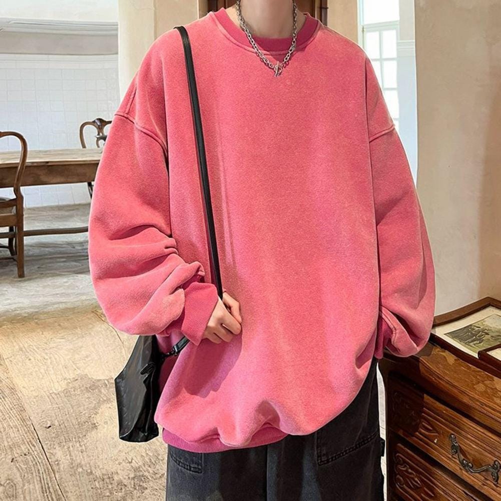 Men Streetwear Top Vintage Loose Solid Color Warm Pullover Stylish Men's Streetwear for Fall Winter with Mid-length O-neck
