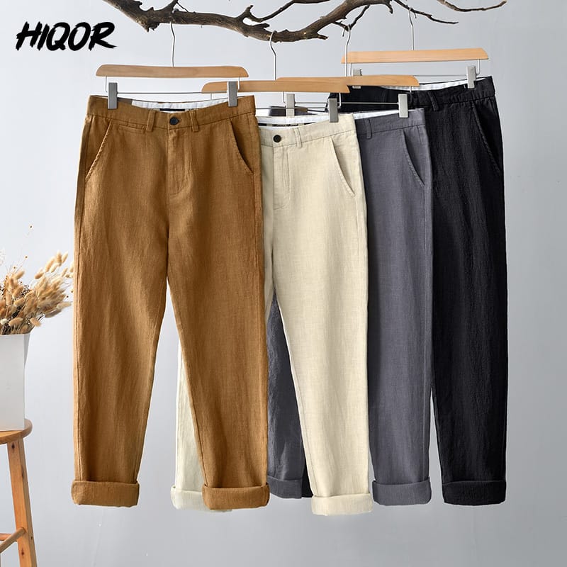 HIQOR Men's Clothing Summer New In Cotton Linen Long Trousers Man Solid Breathable Linen Straight Baggy Casual Pants Sweatpants