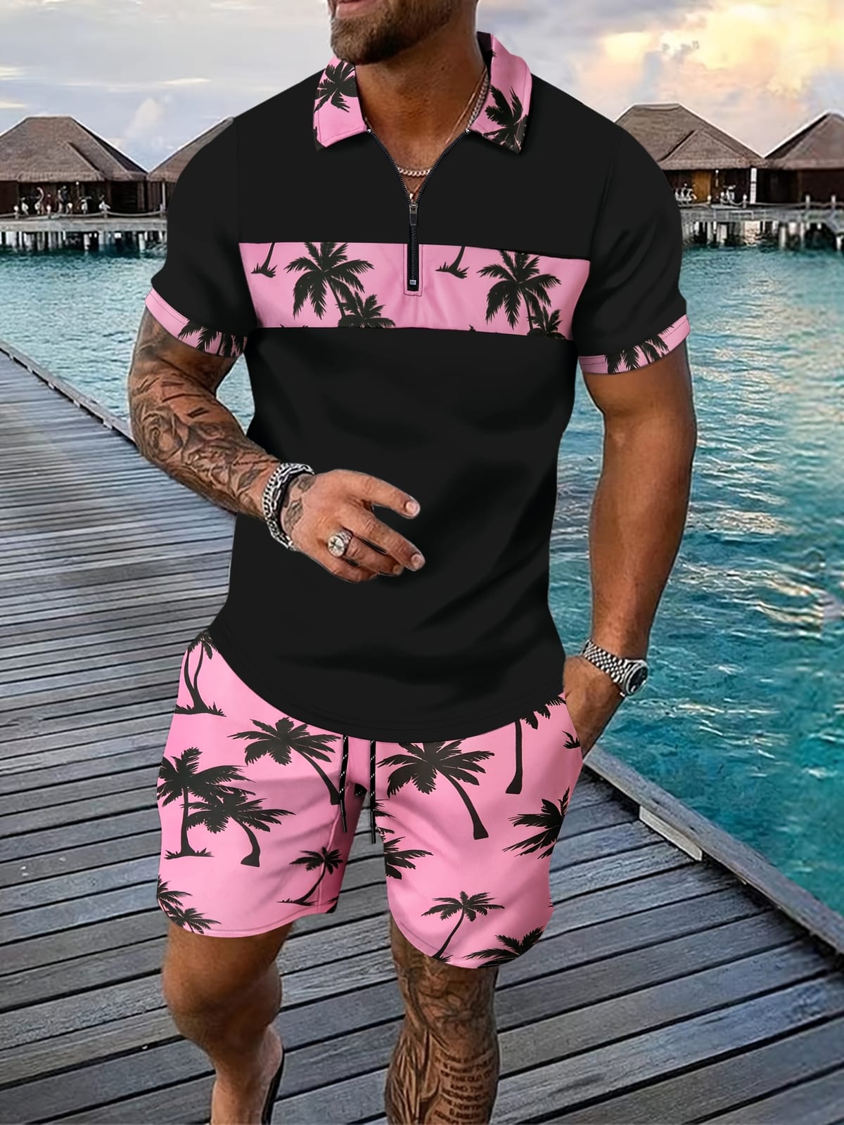 Hawaiian men's maple leaf pattern 3D printed zipper polo shirt short sleeve + beach shorts men's suit refreshing and breathable