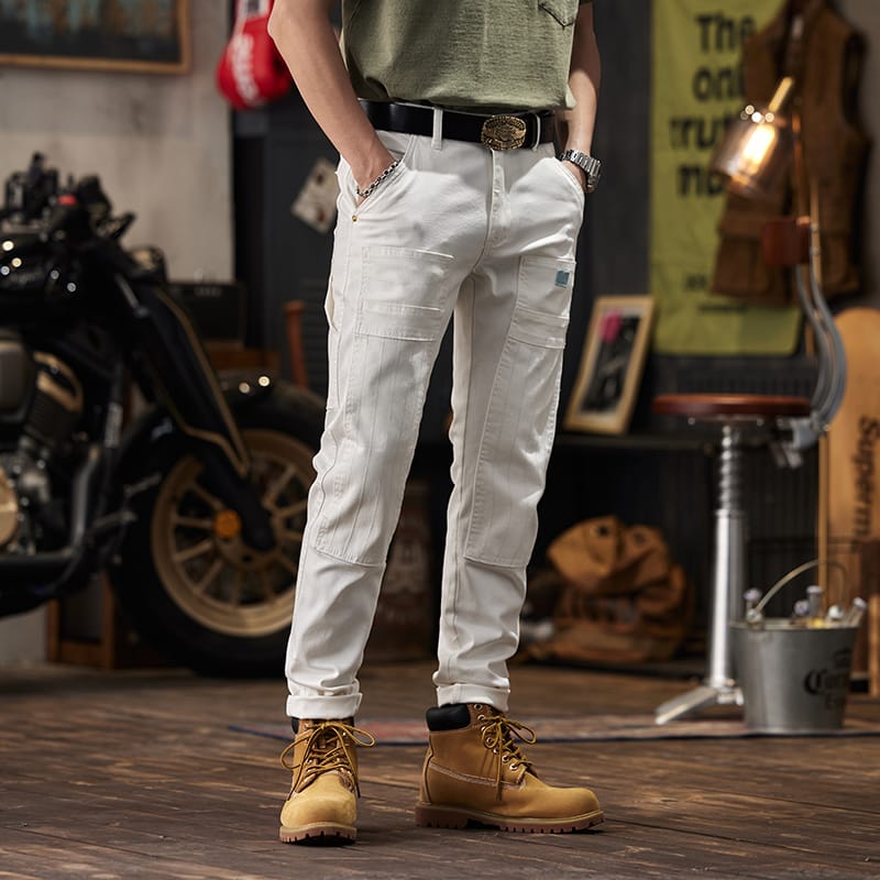 White Motorcycle Stitching Jeans Men's Fashion High-End Tight Stretch Korean Fashion Slim Fit Ankle Tight Trousers