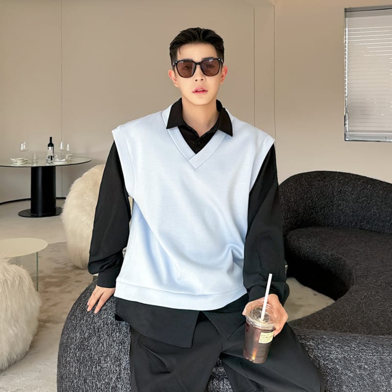 SYUHGFA Round Collar Men's Fake Two Pieces Shirt Sweatshirt Male Long Sleeve Tops Korean Fashion 2024 Spring New Trendy