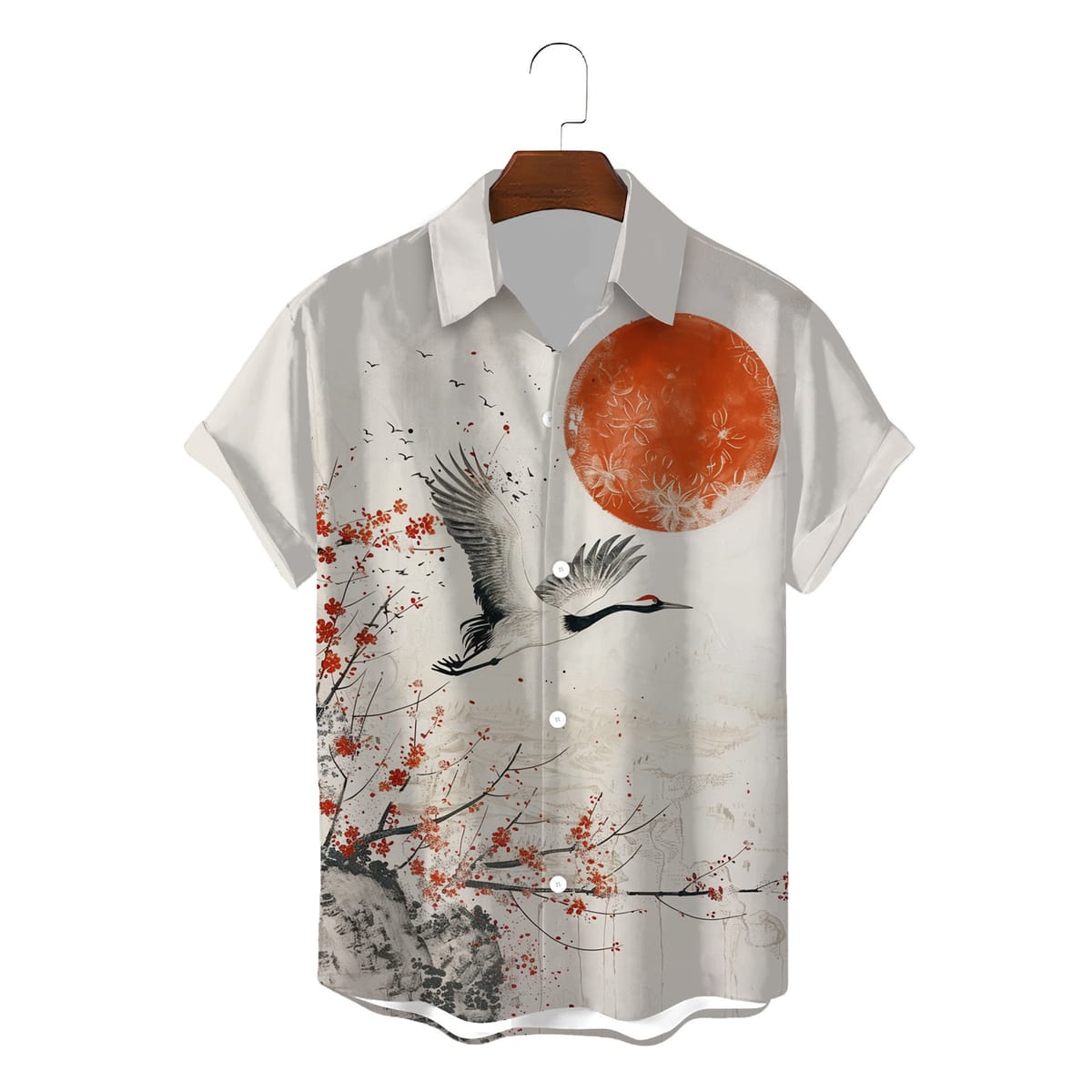 2024 summer New Arrivals crane and red plum 3D Print  Hawaii Beach men's short-sleeved shirt Retro Fashion mans Shirt