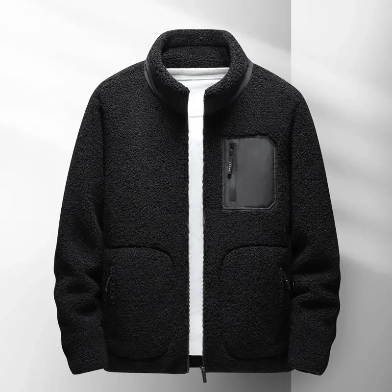 Winter Men's Lambskin Jacket 2024 New Black Multi Pocket Zipper Design Plush Top Jacket Casual Outdoor Warm Parka Coat M-4XL