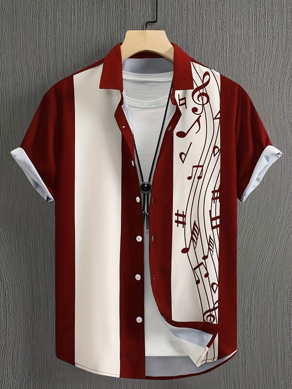 Music Notes Print Men's Fashion Colorblock Short Sleeve Button Down Shirt, Summer Vacation Top