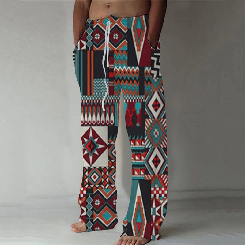 Men's Retro Trend 3D Printed Wide Leg Pants Vacation Casual Loose Pants Hawaiian Style Beach Pants For Summer