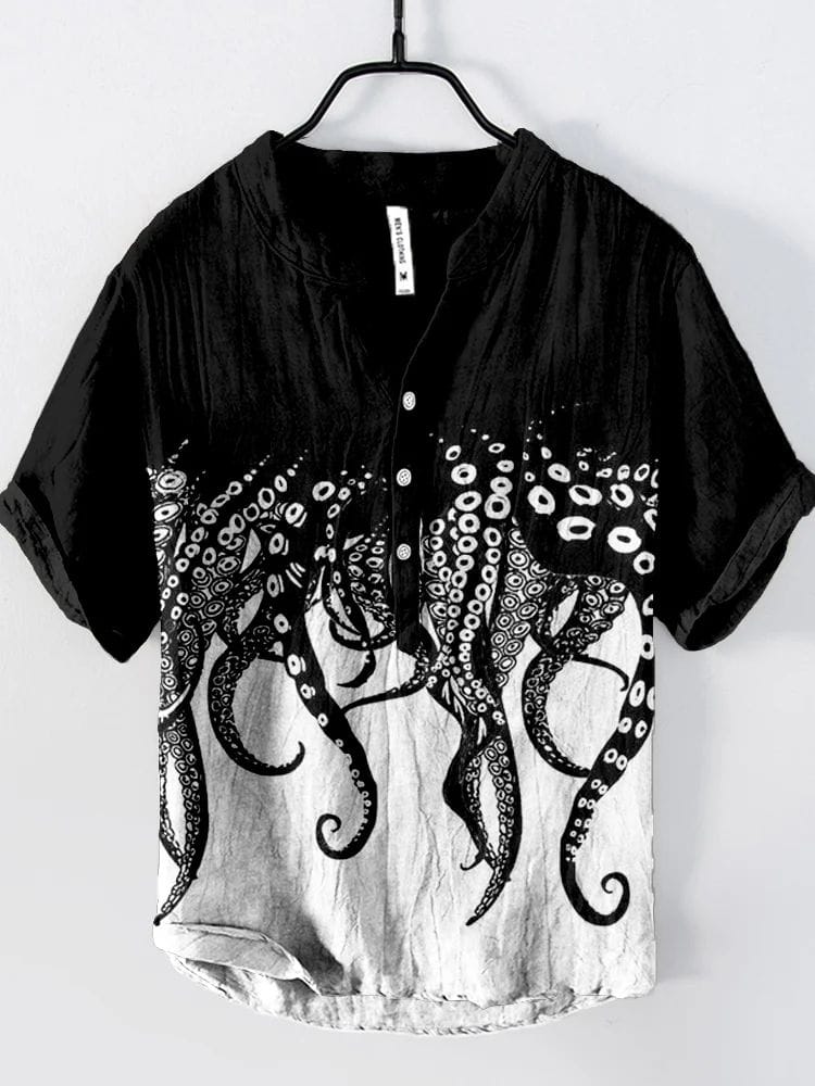Cross border men's street hip-hop men's high-end linen short sleeved printed shirt men's summer thin vintage V-neck