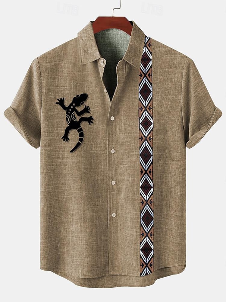 Summer Men's Casual Shirt Vintage Style Tribal Print Men's Casual Short-sleeved Shirt Seaside Resort Pool Party Fashion Shirt