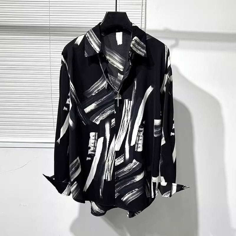 Summer Thin Original Personality Irregular Print Loose Free Ironing Handsome Shirt Men's Fashion Trend Hanging Silky Drape Shirt