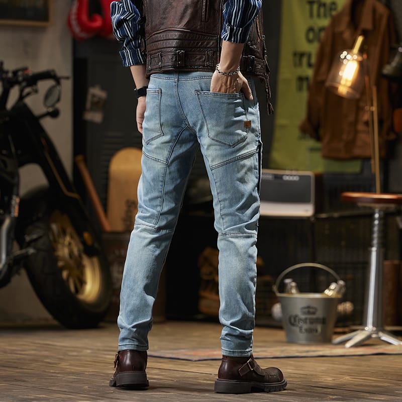 Retro Biker's Racing Casual Straight-Leg Jeans Men's Thick Anti-Fall Pants Scrambling Motorcycle Riding Slim-Fit Stretch Pants