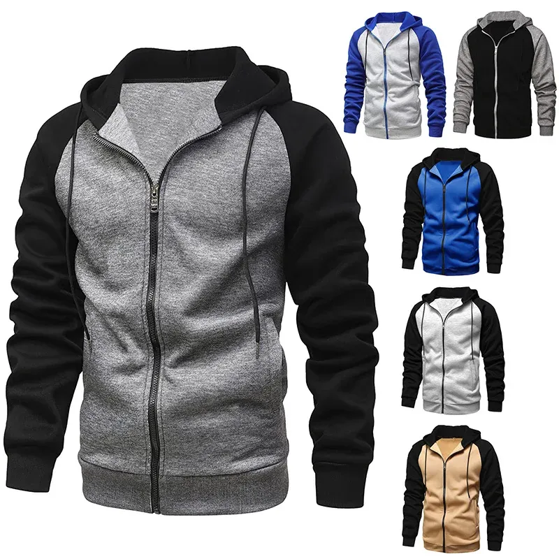 2024 Autumn Men's Hooded Jackets Casual Loose Zipper Jackets for Men Patckwork Fleece Spliced Coat Men Casual Hoodies Streetwear