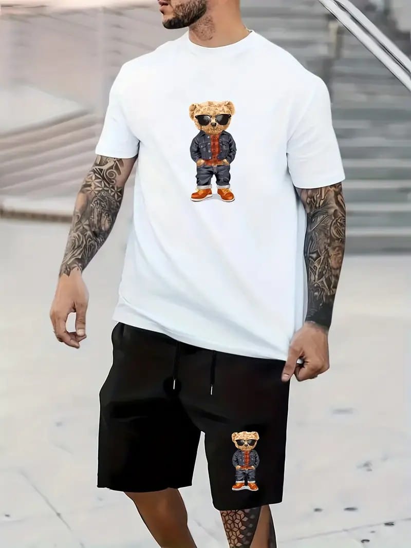 Men's Short Sleeve  Two Piece Suit Fashion Round Neck Short Sleeve Loose Casual Shorts Big Size Men's Two Piece Street Style