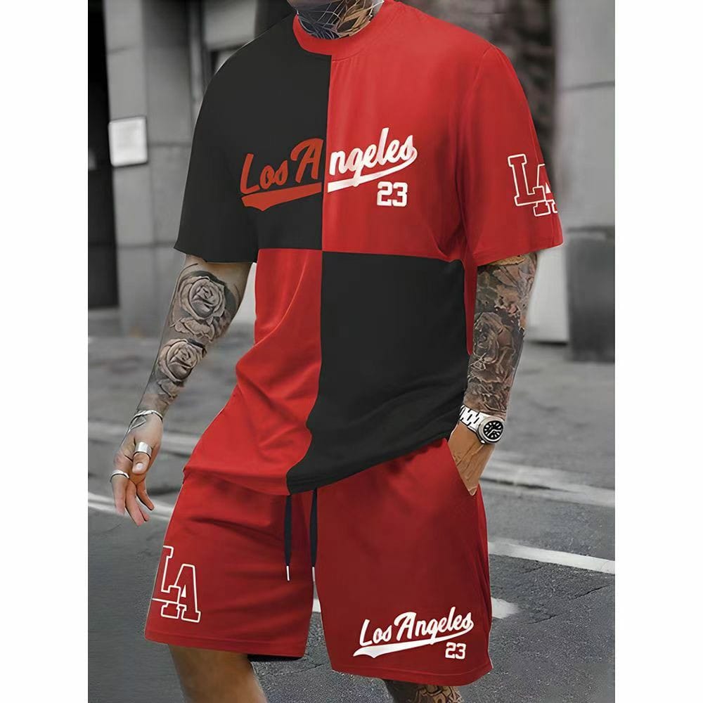 Summer Street Men's Short-sleeved Shorts Two Sets Square Printed Casual Short-sleeved Men's Large Size Loose Suit Short-sleeved