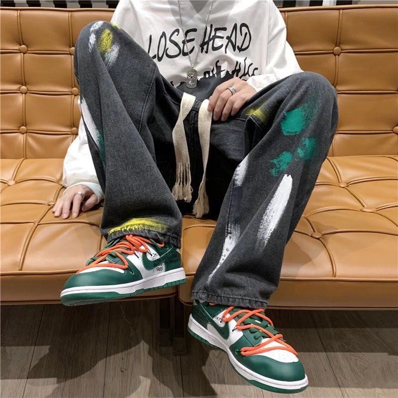 Spring and autumn blue / Black graffiti jeans men's fashion drawstring wide leg jeans men's street clothes loose hip hop straigh