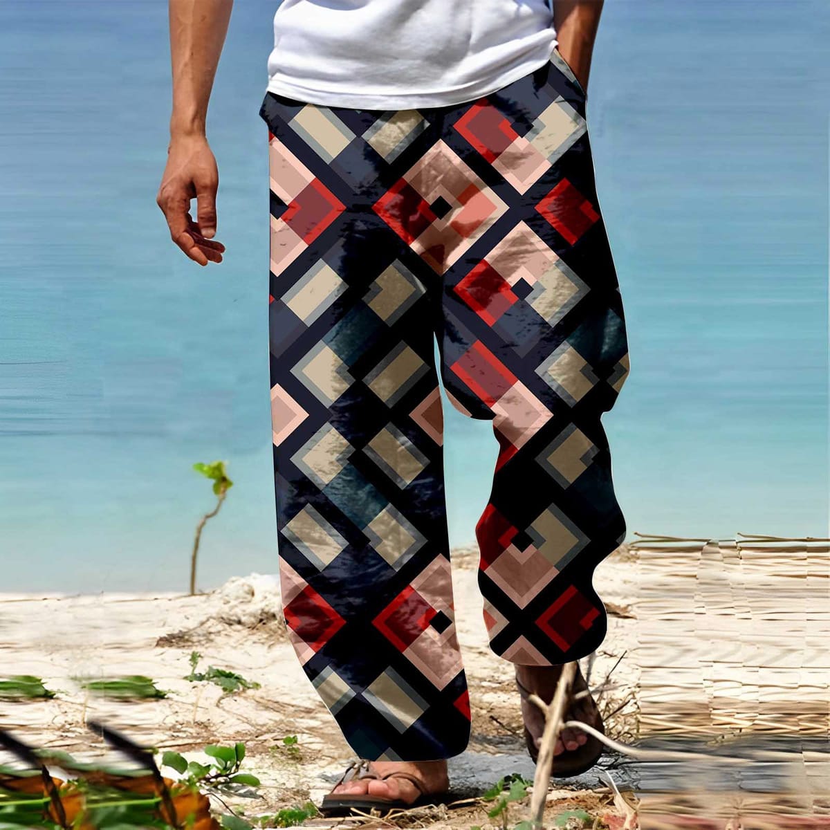 Men's Trousers Summer Pants Beach Pants Drawstring Elastic Waist 3D Print Stripe Graphic Prints Geometry Men Stretch Pants