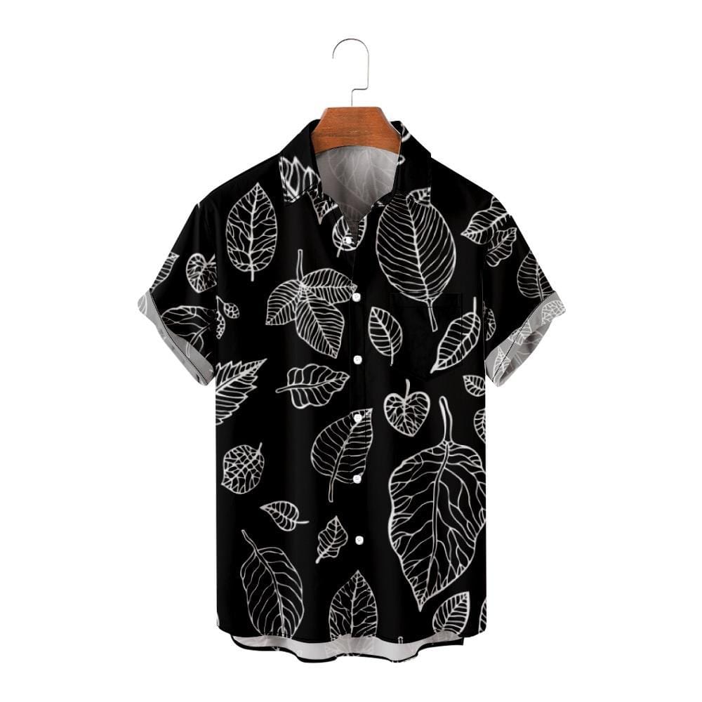 Leaf Pattern Black Shirt Daily Men's Prevalent Tops Plus Size Short Sleeve Breathable