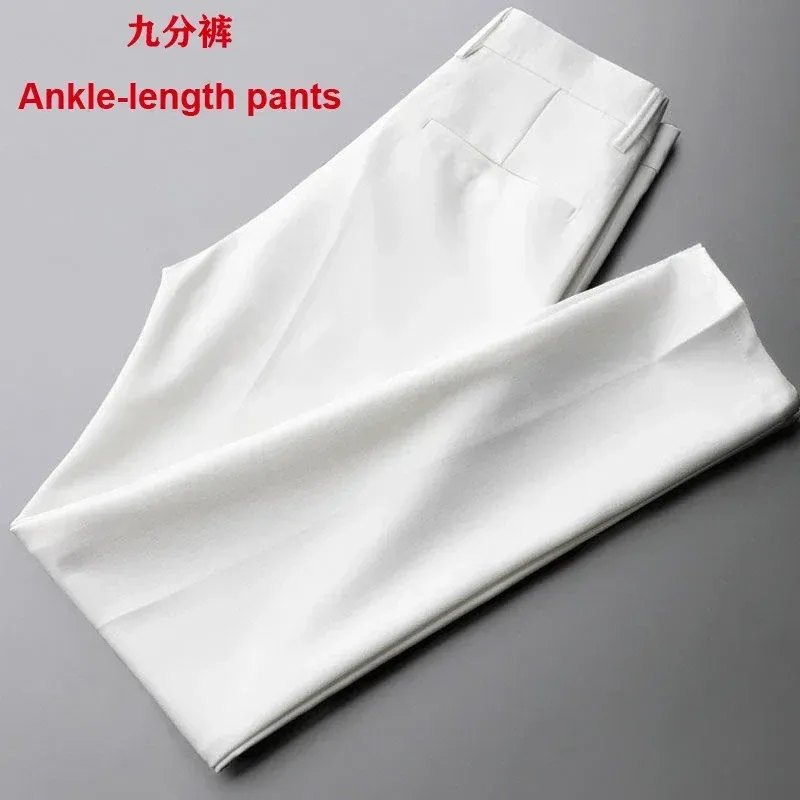 2024 Men's Straight Fit Casual White Pants Men's Suit Fashion Versatile Solid Color Personalized Simple Crop Pants