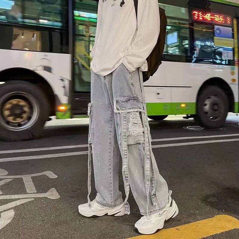 American workwear jeans Y2K men's trendy personality loose casual ins streamers ripped floor mopping jeans trousers  jeans