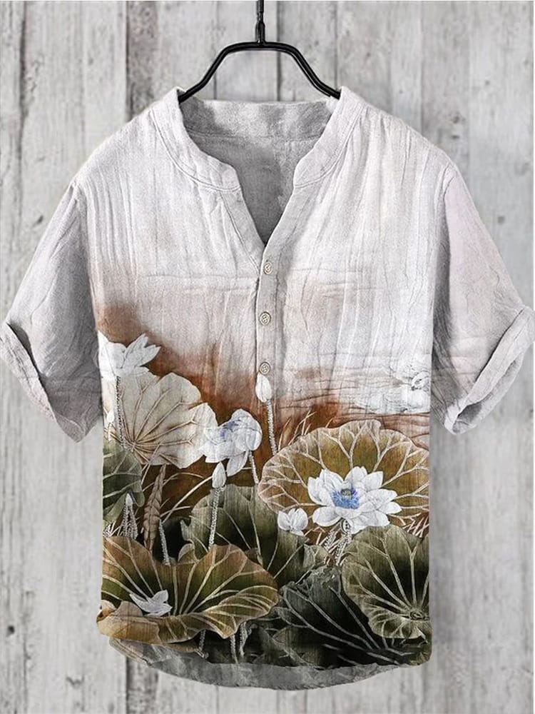 Foreign trade men's clothing Chinese style retro oil painting plum blossom print short sleeved shirt light luxury loose top