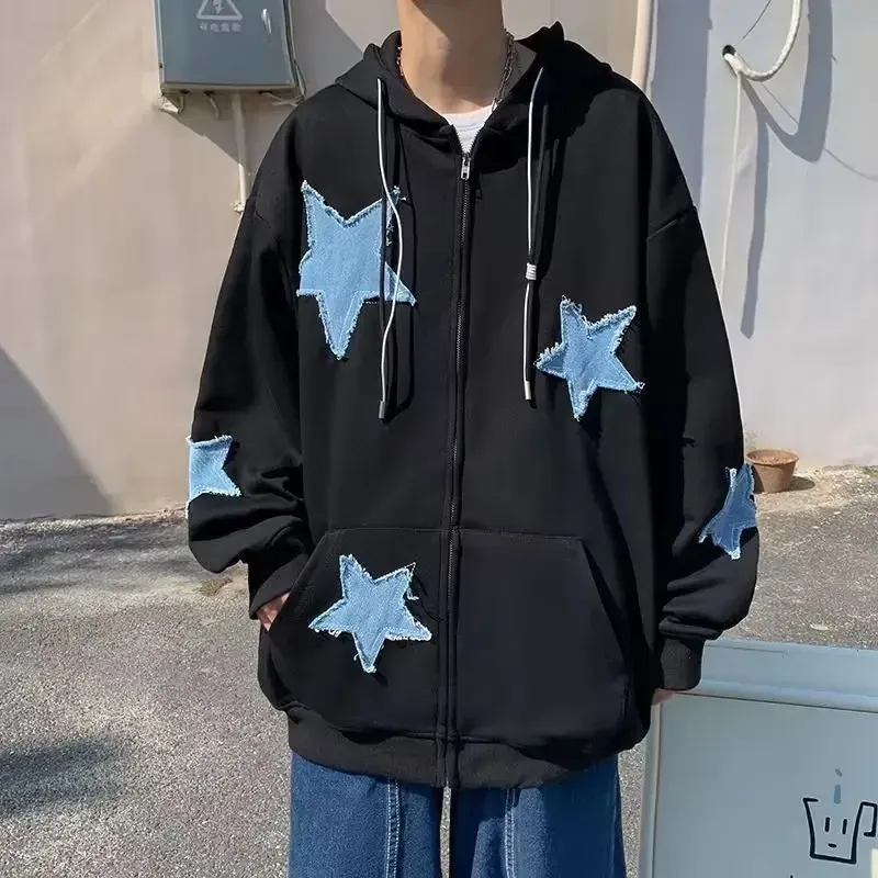 American Retro Star Print Hoodie with Men's and Women's Trendy High Street Loose Couple Cardigan Jacket