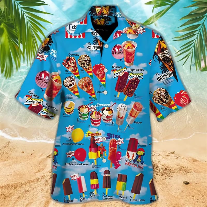 2024 Summer Ice-cream 3D Printed Men's Lapel Oversized Hawaiian Shirts Suit  Fashion Men Women Beach Shorts Sleeve Casual Tops