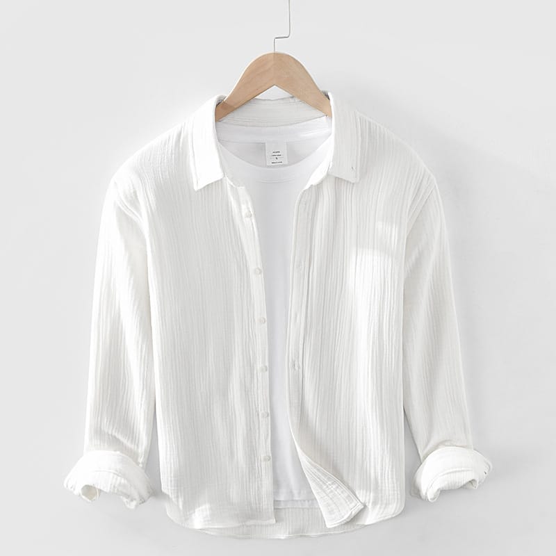 2023 Men's Thick Double-Layer Cotton Yarn Shirt Youth Loose Crumpled Square Collar Long Sleeve Pure Cotton Shirt