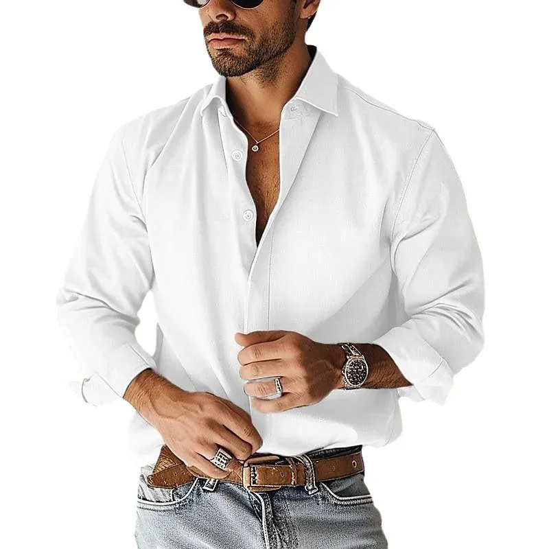 Vintage Button-up Lapel Thick Shirts Men Spring New Casual Solid Color Long Sleeve Shirt Male Fashion Loose Cardigan Men's Tops