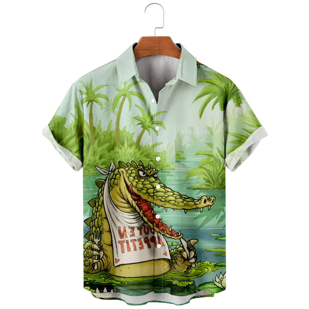 Cartoon Crocodile Pattern Men's Short Sleeve Button Down Lapel Shirt For Summer Resort Holiday, Hawaiian Style