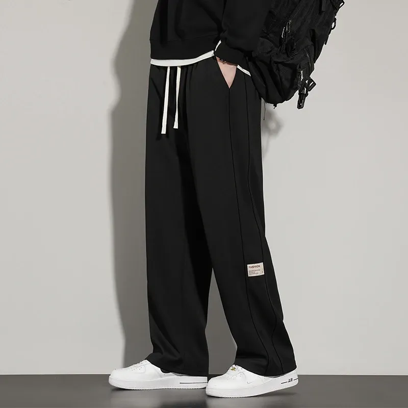 Korean Style Men's Casual Pants Simple Solid Color Black Gray Drawstring Straight Pants Loose Breathable Wide Leg Sports Pants