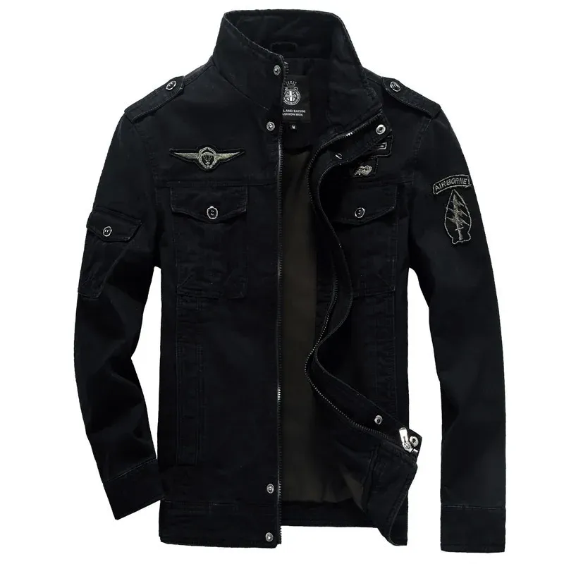 MaiDangDi Male Casual Jacket with Multiple Pockets Embroidered Print Zipper Solid Cotton Washed Work Clothes Men's Coat