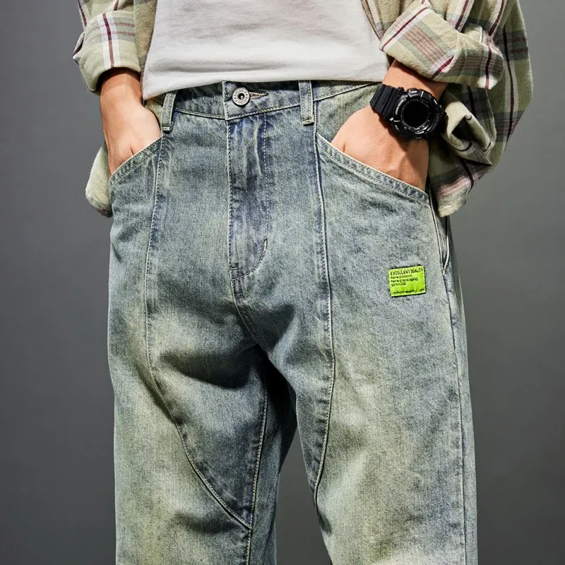 Retro Blue Haren Pants Jeans Men Loose Fit 2023 Spring Autumn Wide Leg Pants Denim Trousers Men's Clothing Baggy Pants