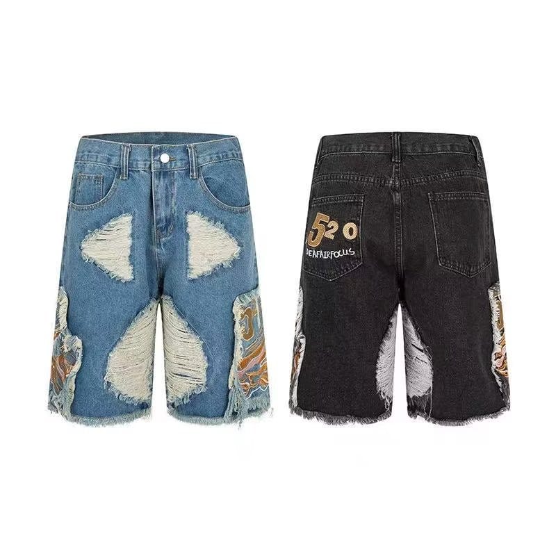 Men's Denim Shorts European and American Fashion Street Embroidered Tassels High Street Denim Hip-Hop Tide Brand Ripped Shorts