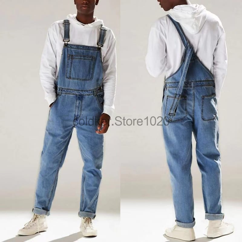 2024 Men's Solid Color Multi-Pocket Denim Bib Overalls Casual Daily Denim Jumpsuit Fashion Male Suspender Long Pants Street Wear