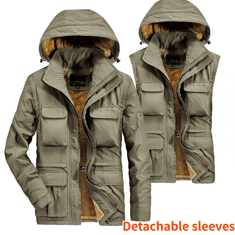 Winter Wool Lined Jacket Men's Fashion Thickened Detachable Sleeves Hooded Windproof Jacket Outdoor Snow Pocket Thermal Parka