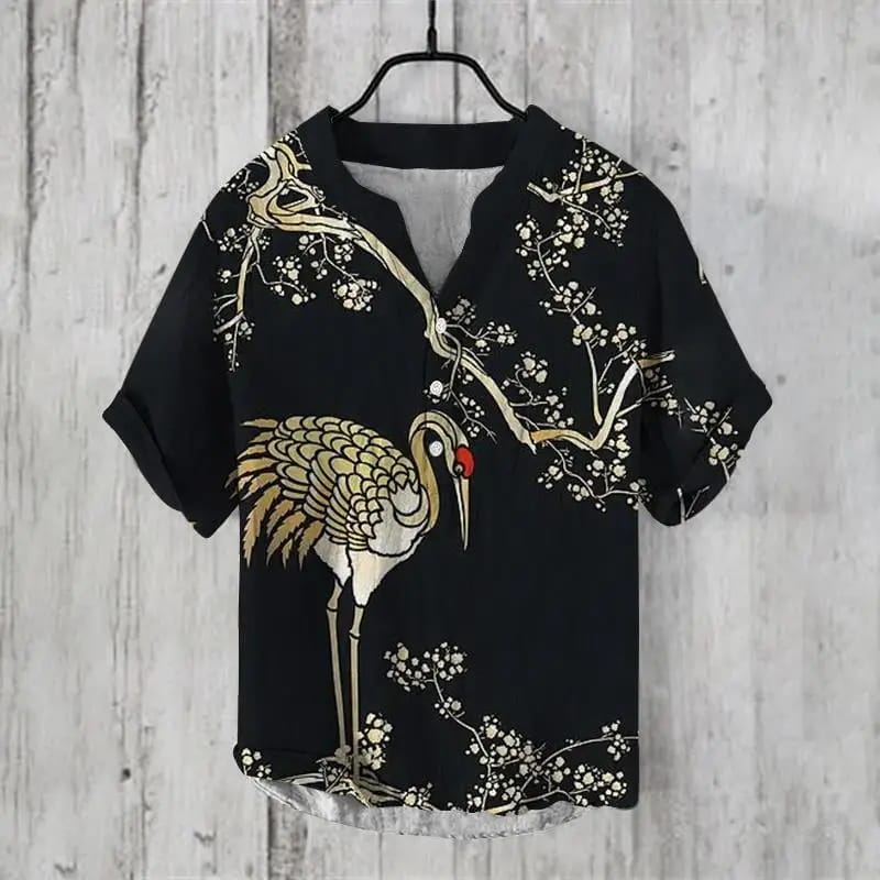 Fun print cross-border men's summer new short sleeved V-neck top with 3 button casual artistic shirt in large size
