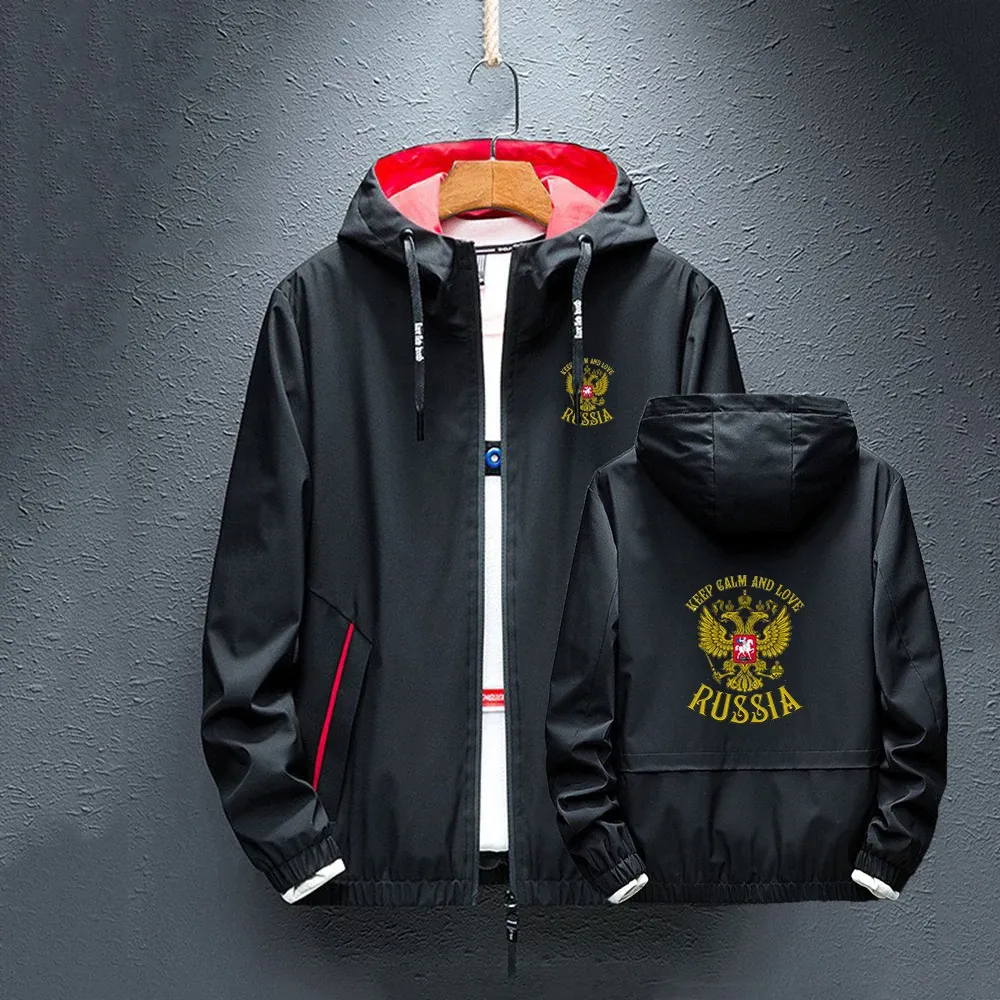 Russia Badge Gold Eagle Printing Spring Summer 2024 New Hooded Men's Jacket Casual Windbreaker Zipper Thin Section Hooded Jacket