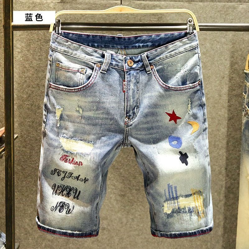 Summer High Quality Denim Short Jeans Men's Knee Length Casual Straight Embroidered Washed Distressed Ripped Hole Denim Shorts