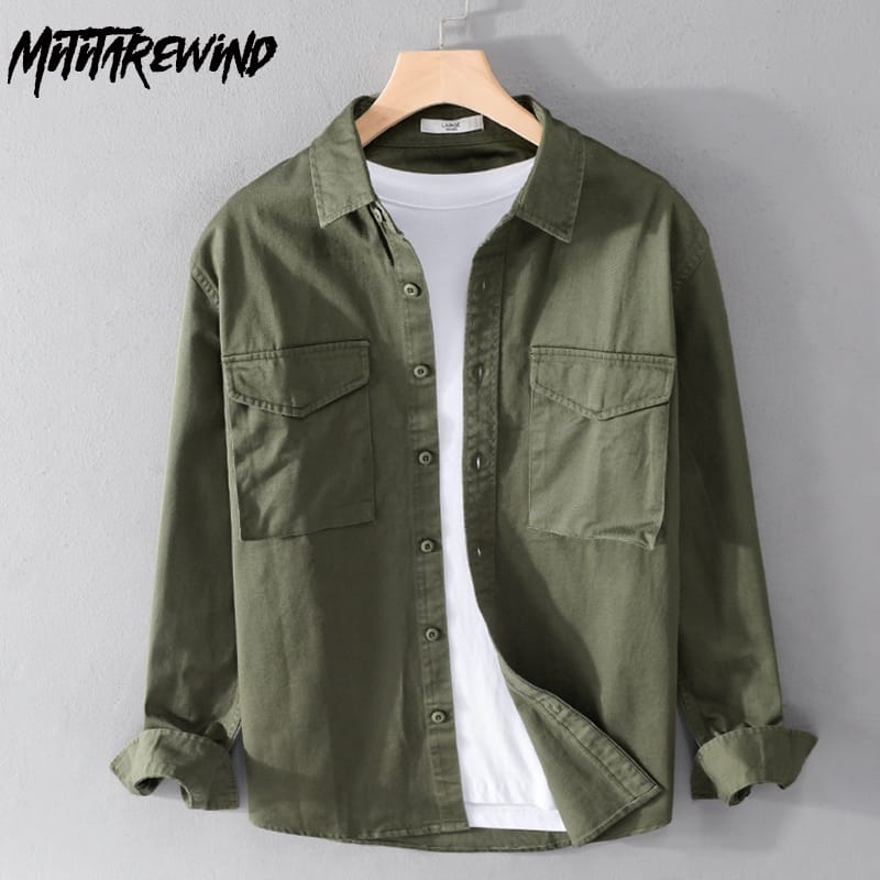100% Cotton Long Sleeve Shirt Men Japanese Workwear Tops Loose Casual Youth Green Shirt Spring Fashion Versatile Men's Shirts