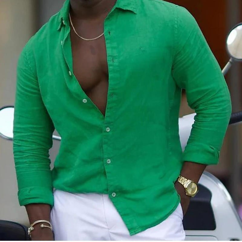 2024 New Men's Long Sleeve Shirt Solid Color Casual Fashion Collar Shirts Hawaiian Shirt