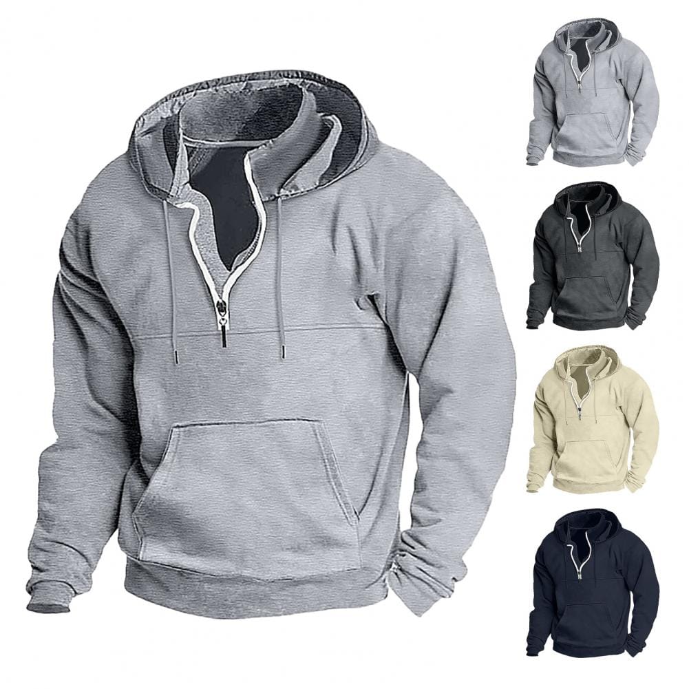 Hooded Sweatshirt Retro Solid Color Men's Hoodie with Zipper Decor Drawstring Soft Warm Long Sleeve Pullover with Big Patch
