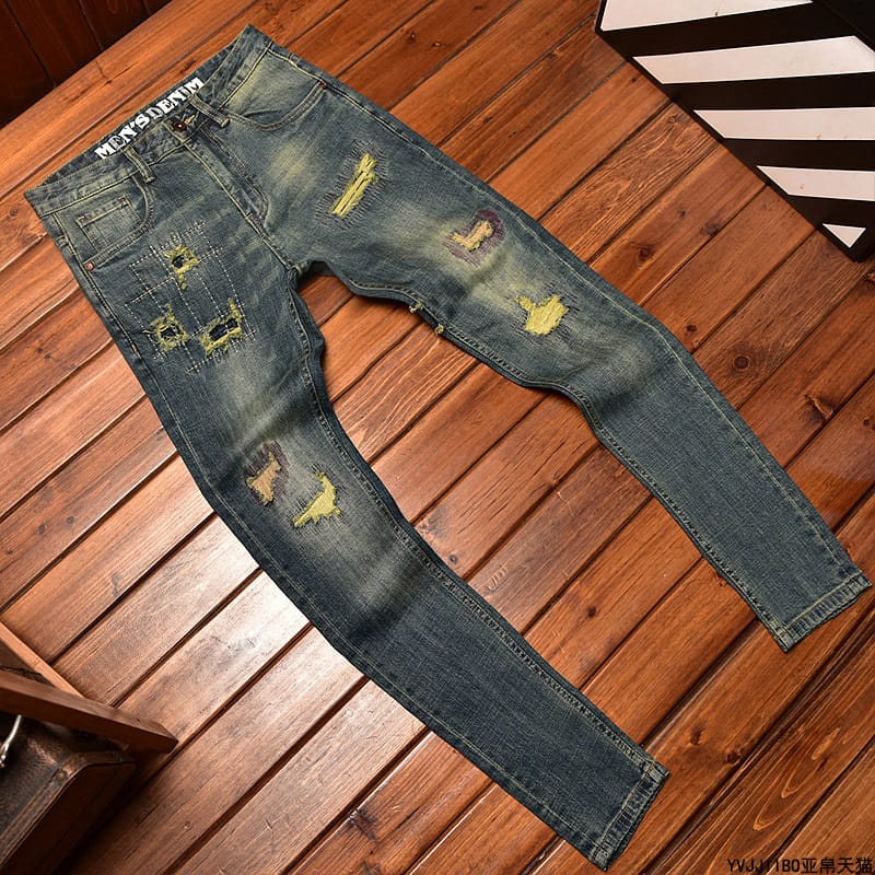 Ripped Jeans Men'S Patch Embroidered Elastic Straight Tight Street Fashion Trends Locomotive  Casual Pants Trousers