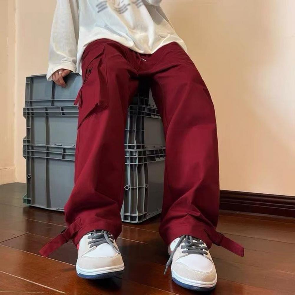 Men Bottoms Streetwear Men's Cargo Pants with Wide Leg Multi Pockets Zipper Strap Decor Hip Hop Style Straight for Urban